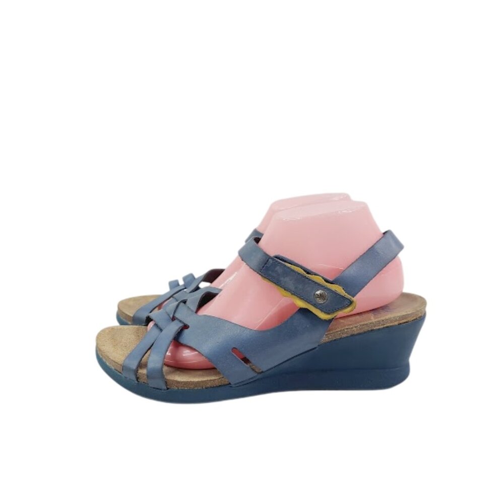 Wanda Panda Women's Blue Leather Wedge Open Toe Strappy Sandal Size 11